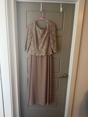 Alex Evenings Taupe Lace Sequin Top with Chiffon Skirt Evening Gown
